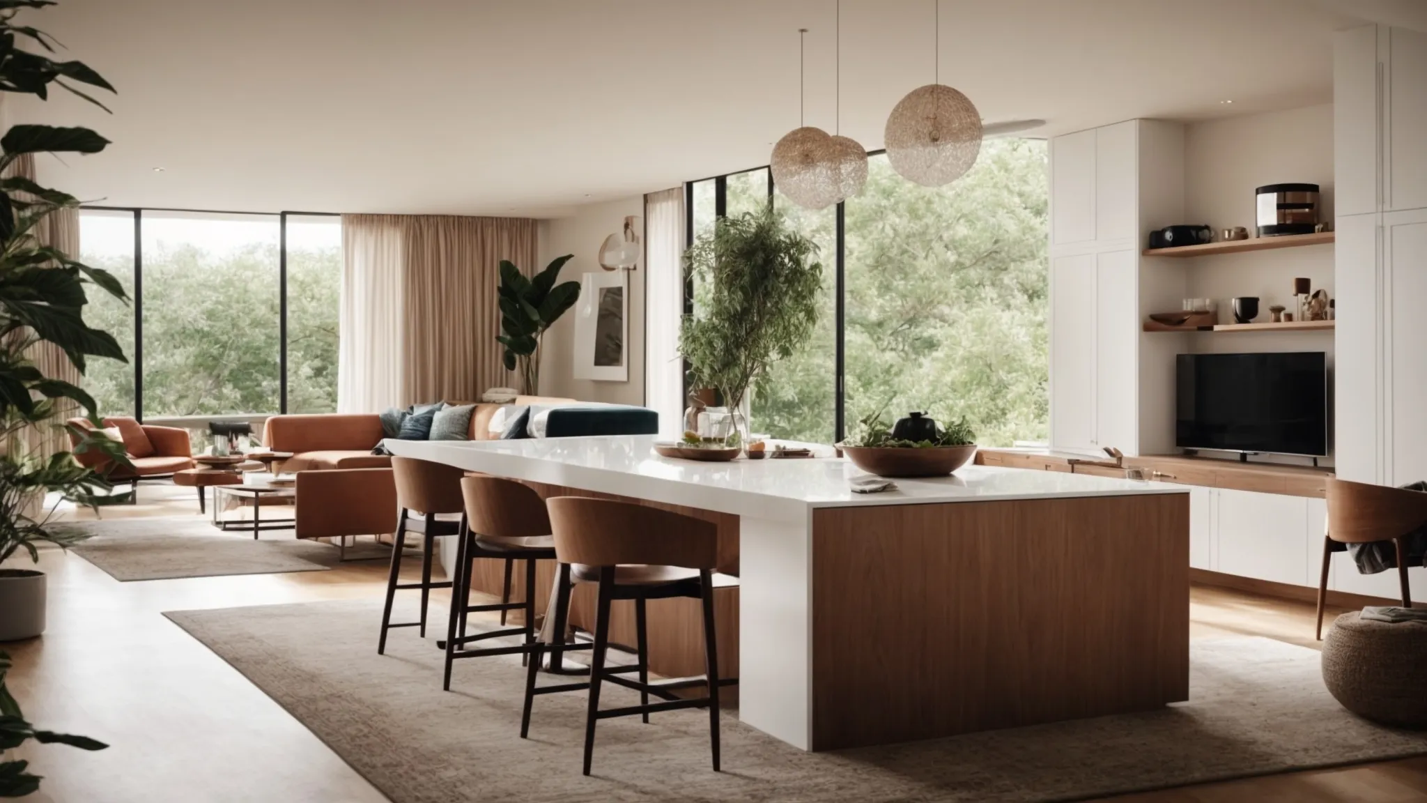 Sonos Home Theater 22 a spacious, modern living room seamlessly flows into a dining area, both bathed in the glow of natural light, highlighting sleek, wireless sonos speakers blending effortlessly with the chic decor.