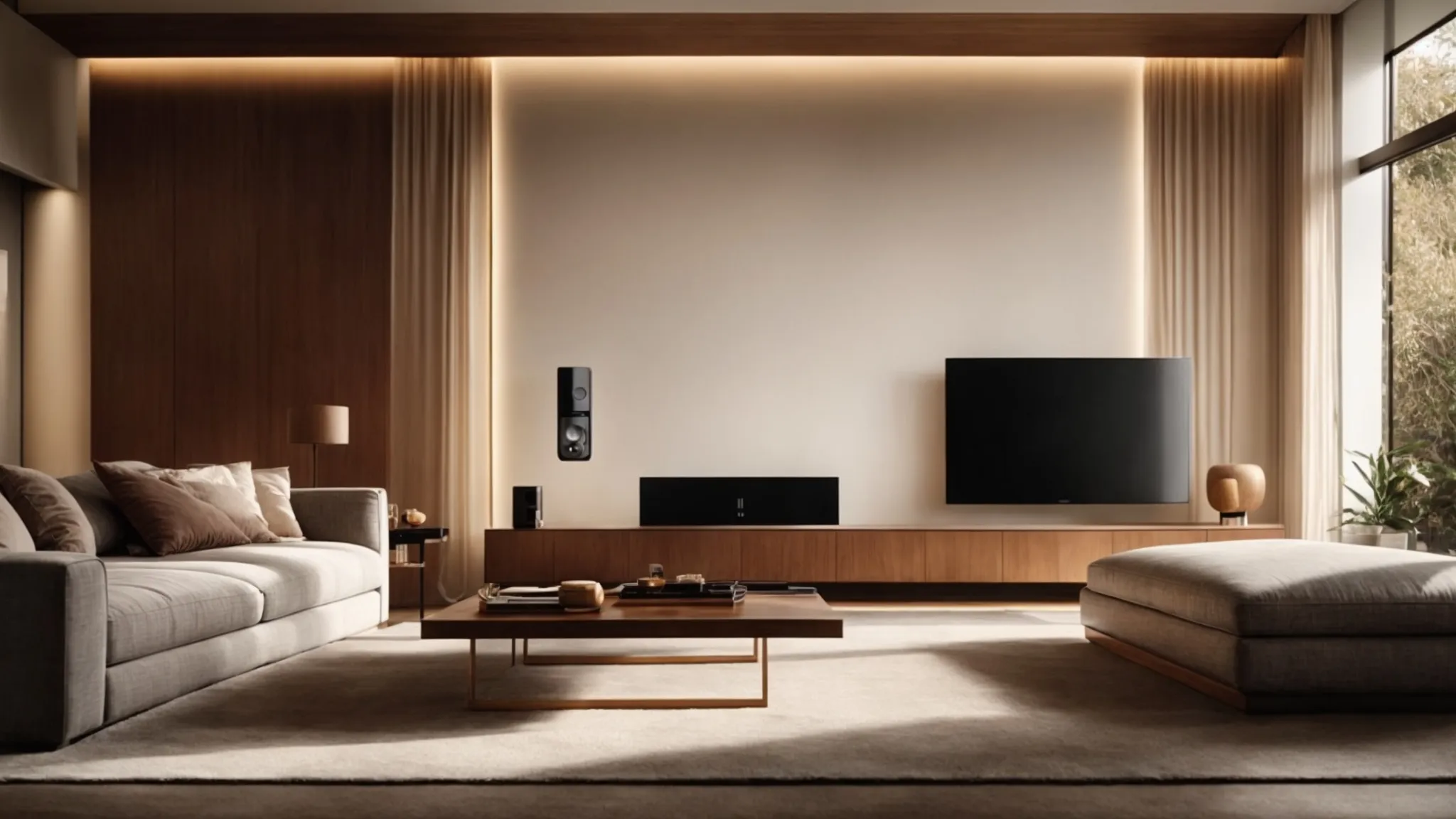 Sonos Home Theater 24 a spacious living room glowing in the warmth of ambient lighting, with a sleek sonos home theater system taking center stage against a backdrop of elegant furnishings.