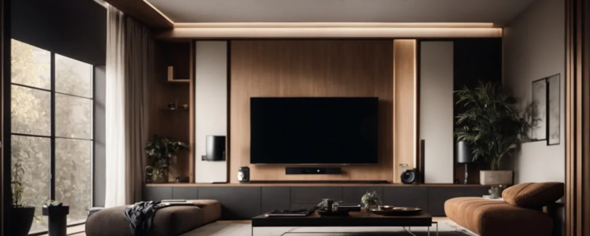 Sonos Home Theater 18 a modern living room with a large tv flanked by wireless speakers, a comfortable sofa facing it, and a dim ambient light setting the mood for a cinematic experience.