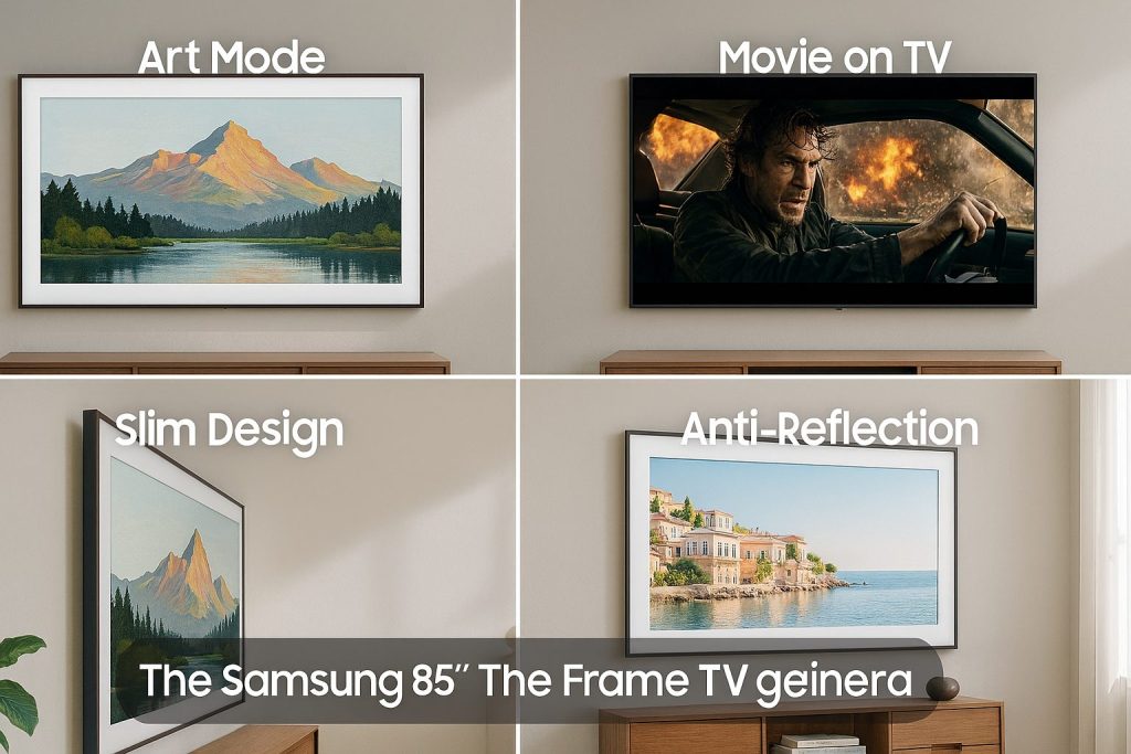 The Stylish Samsung 85" Frame TV 6 Collage showcasing Samsung 85-inch Frame TV features: Art Mode displaying a mountain painting, Slim Design with a side profile view, Movie Mode showing an action scene, and Anti-Reflection mode with coastal artwork.