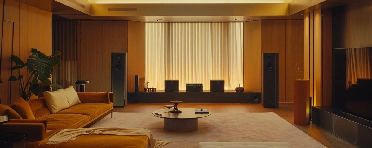 #1 Savant Whole Home Audio in 2025 2 modern living space bathed in soft ambient light, showcasing an elegant sound system seamlessly integrated into the decor, exuding an atmosphere of sophistication and immersive audio experience.