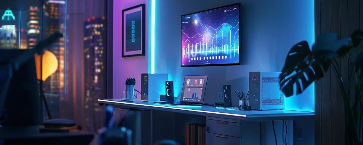 a sleek, modern home office showcasing a high-tech mesh wi-fi system prominently displayed on a stylish desk, with glowing lights indicating strong connectivity and a wall-mounted screen visualizing an intuitive network performance dashboard.