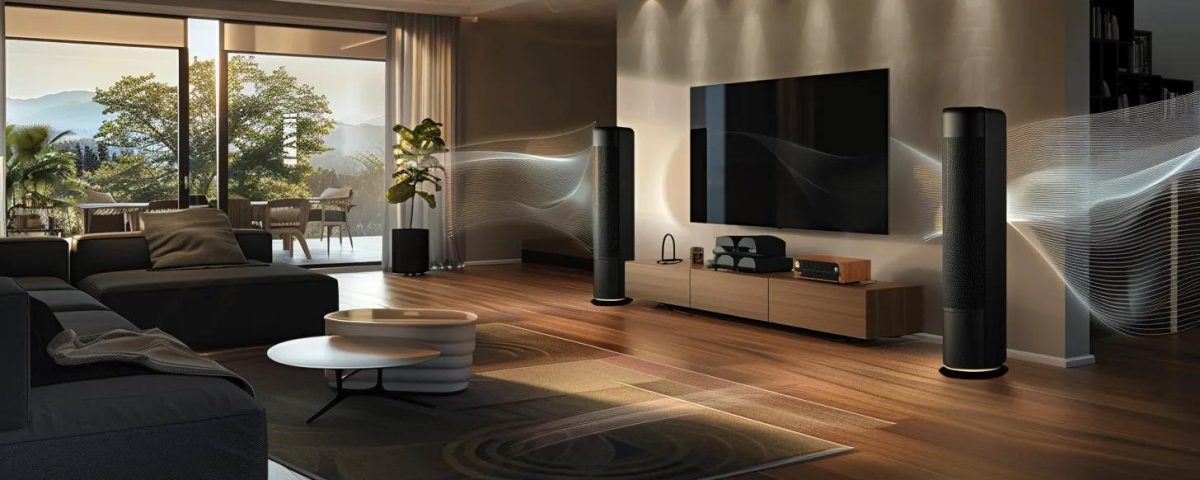 The Convenience of Wireless Multiroom Audio in Your Home in 2025 2 a sleek, modern living room equipped with minimalist wireless speakers effortlessly blending into the decor, radiating vibrant sound waves that visually encapsulate the essence of multiroom audio technology.