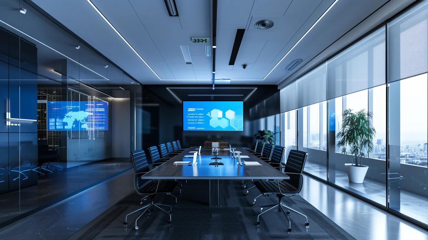 Conference Rooms With Effective DPS Solutions in 2025 5 a sleek, modern meeting room equipped with high-tech scheduling software displayed on a digital screen, showcasing real-time room availability and usage status amidst a sophisticated corporate setting.