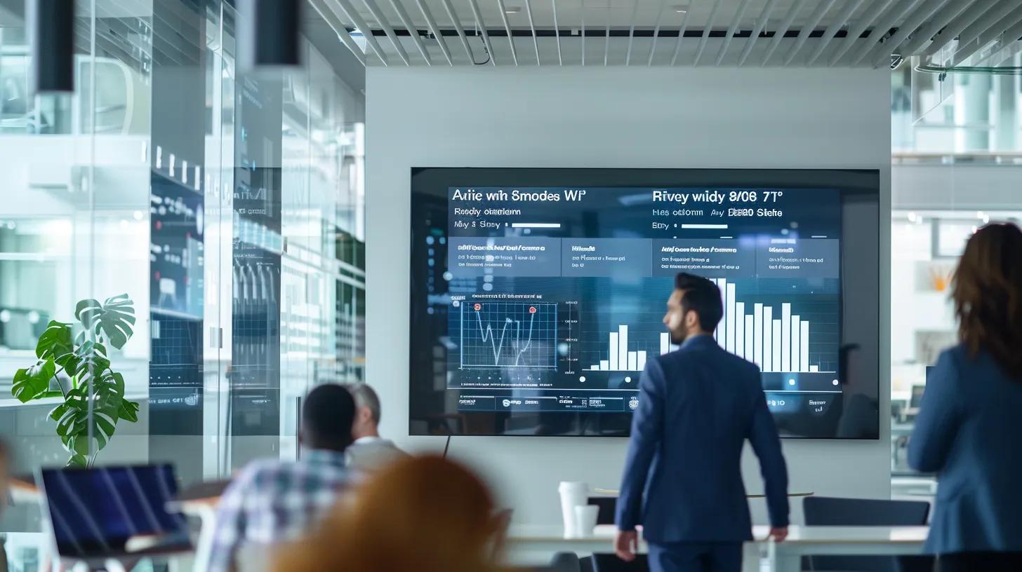 a sleek, modern office environment features a large digital screen displaying a comparison chart of wi-fi 6 and wi-fi 7, with focused professionals engaging in thoughtful discussion about performance improvements and investment decisions.