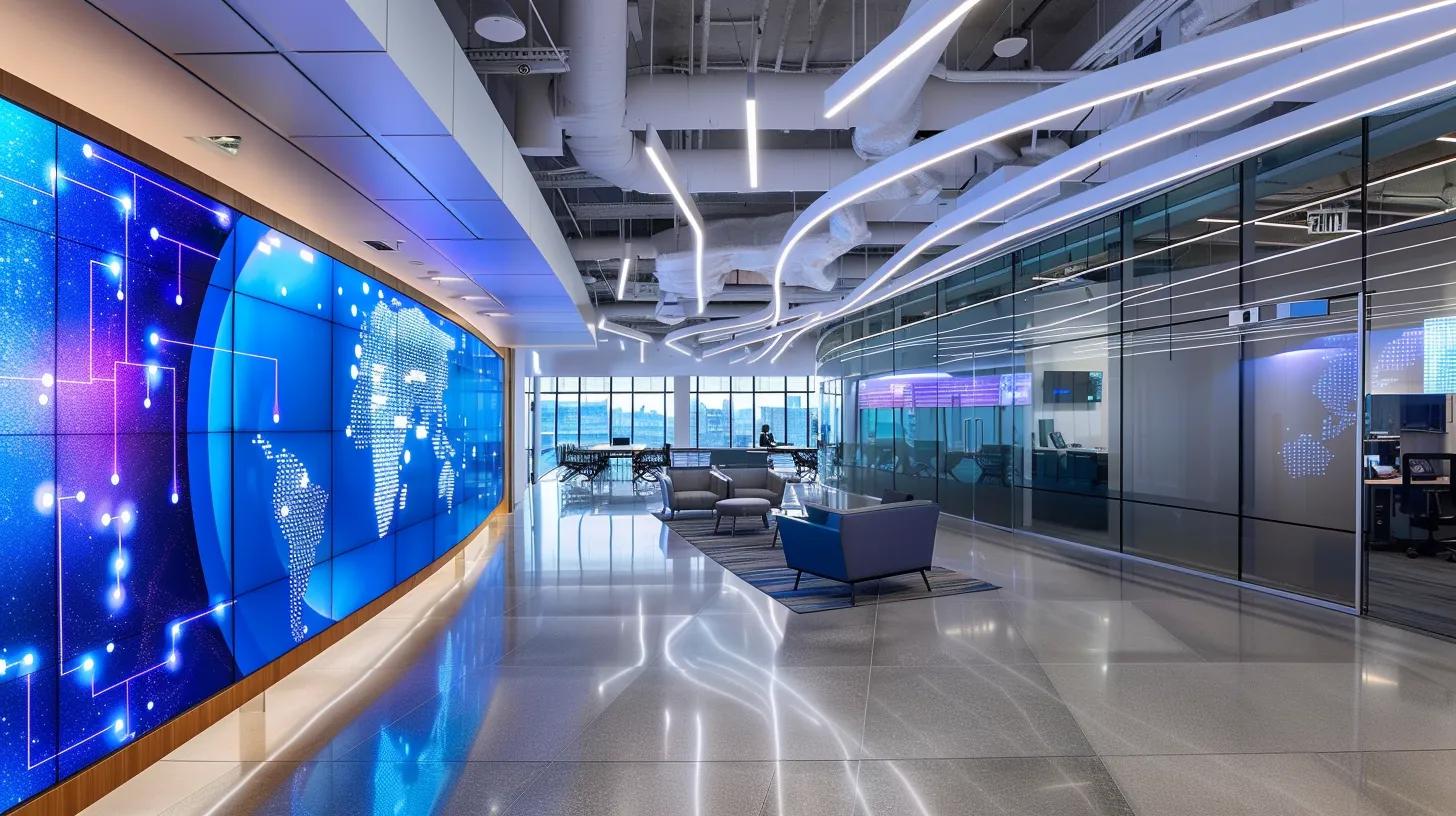 a sleek, modern office environment features a large digital display showcasing the intricate technical diagrams of wi-fi 6 and wi-fi 7, illuminated by vibrant led lights, emphasizing connectivity and advanced technology in a bustling workspace.