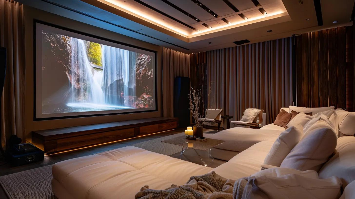 Discover the Benefits of a Savant Home Theater Setup IN 2025 5 a luxurious home theater interior features a large high-definition projector illuminating a sleek screen, surrounded by premium audio speakers and stylish motorized shades, all set against a modern, sophisticated backdrop that highlights the ultimate entertainment experience.