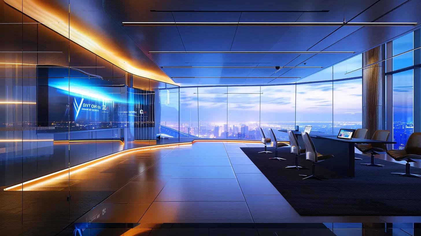 a sleek, modern office environment featuring a futuristic digital display showcasing the contrasting specifications of wi-fi 6 and wi-fi 7, illuminated by dynamic led lighting to emphasize their advanced features.