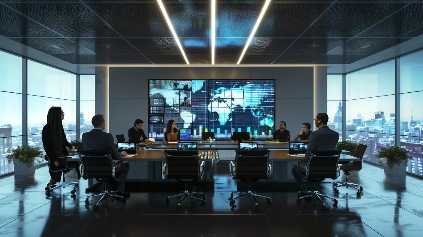 Conference Rooms With Effective DPS Solutions in 2025 6 a sleek, modern conference room featuring large digital screens displaying interactive ai-driven analytics, with diverse professionals engaged in a seamless virtual meeting, emphasizing advanced automation and cloud-based collaboration tools.