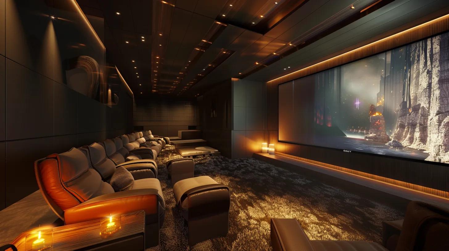 Discover the Benefits of a Savant Home Theater Setup IN 2025 7 a sleek, modern home theater featuring state-of-the-art savant technology, with plush custom seating, dramatic ambient lighting, and an expansive screen, all set against a stylishly designed interior that exudes sophistication and comfort.