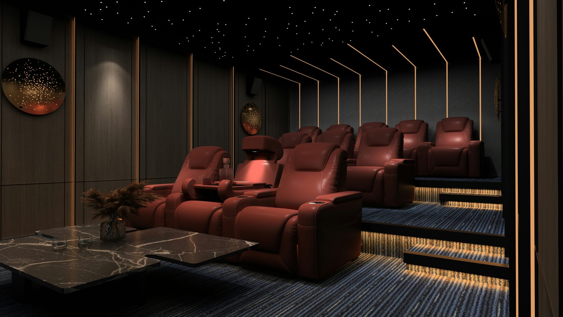 A luxurious home theater features rows of red recliners, a starry ceiling, and gold accents.