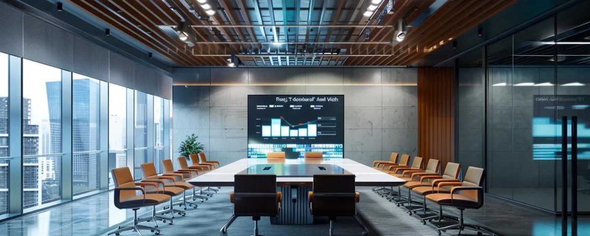 Understanding Wifi 6 vs Wifi 7: the big difference 2 a sleek, modern office conference room showcases two high-tech displays contrasting the features of wifi 6 and wifi 7, illuminated by sharp overhead lighting that enhances the vibrant graphics on the screens.