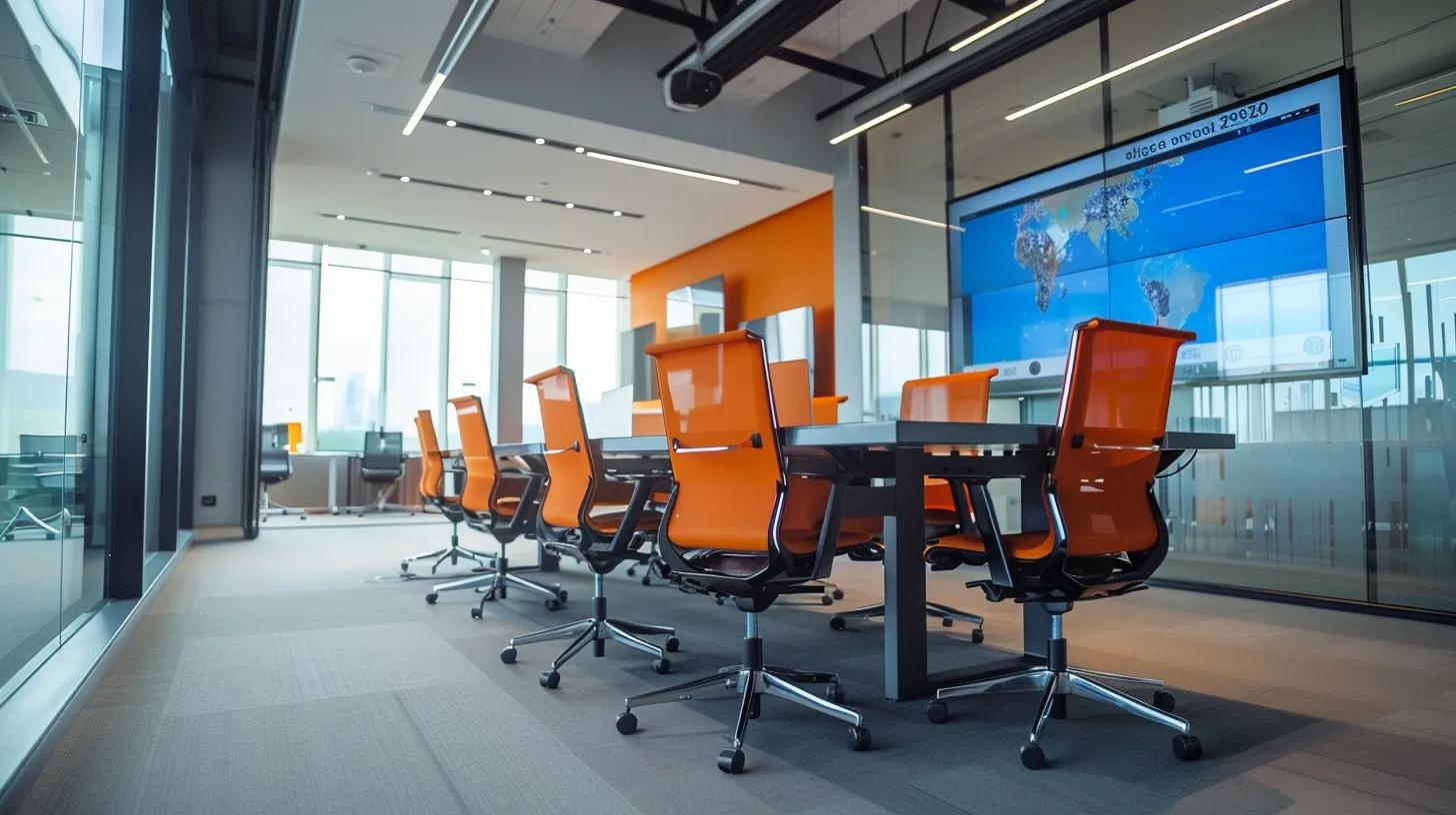 Conference Rooms With Effective DPS Solutions in 2025 4 a sleek, modern office meeting room features a large digital display showcasing dynamic presentations, with a user-friendly interface clearly visible on touchscreens, emphasizing the seamless integration of digital signage software in enhancing collaborative environments.