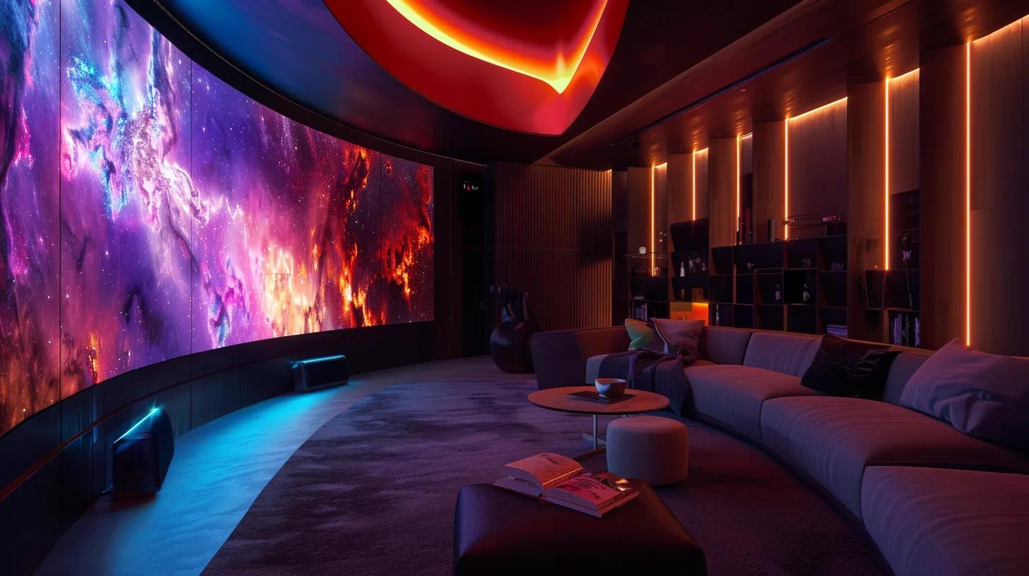 Discover the Benefits of a Savant Home Theater Setup IN 2025 4 a sleek, modern home theater setup features a large curved screen displaying vibrant visuals, an elegant touchscreen panel and ambient led lighting that adjusts to enhance the cinematic atmosphere, all set in a sophisticated, darkened room.