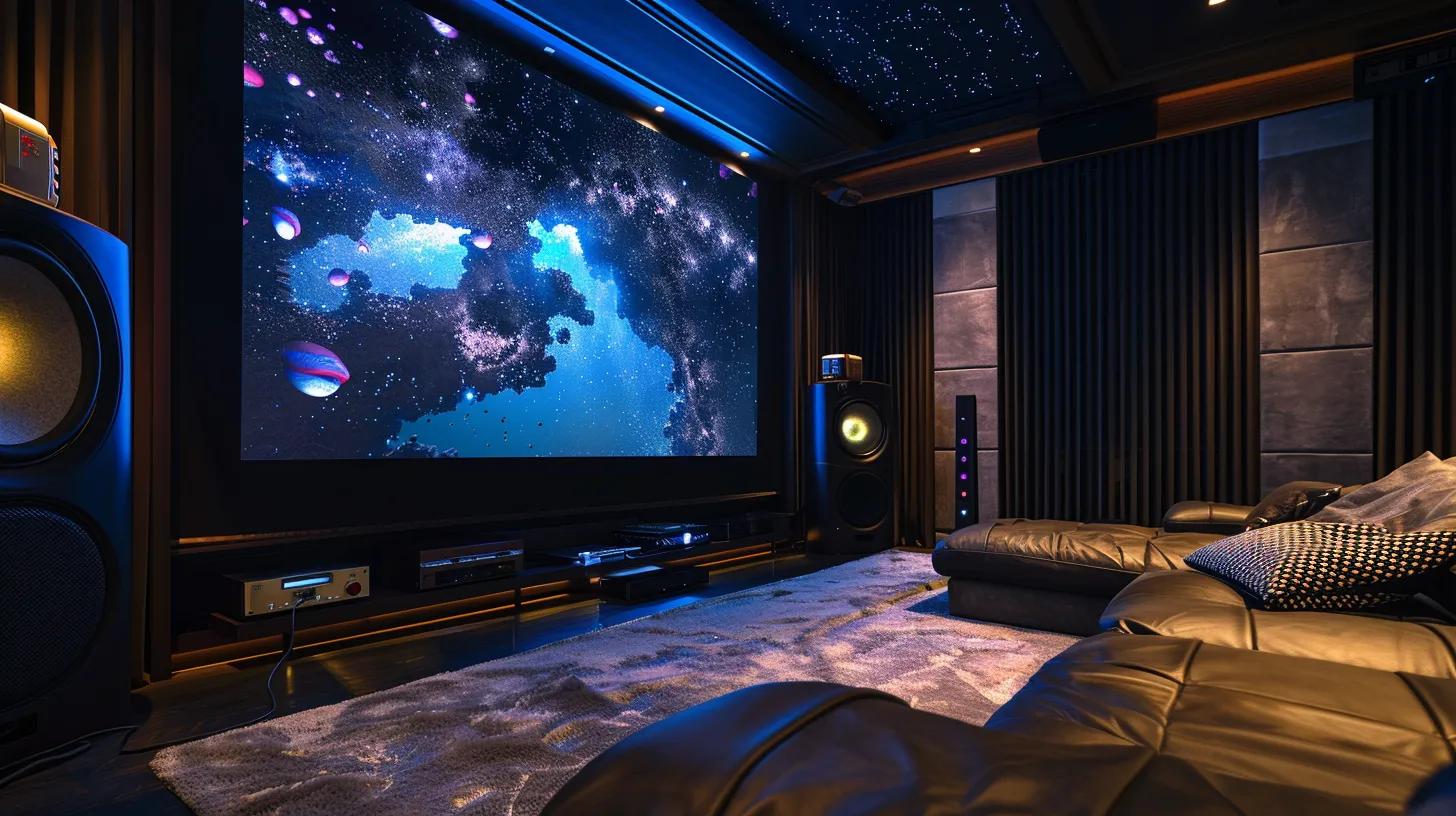 Discover the Benefits of a Savant Home Theater Setup IN 2025 6 a sleek, modern home theater setup showcases a high-end savant system with an expansive screen, vibrant visuals, and an intuitive control interface, all bathed in ambient lighting that enhances the luxurious entertainment experience.