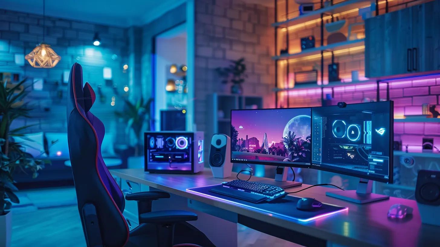 a sleek, modern office environment showcases a high-tech gaming setup and smart home devices, emphasizing the rapid performance of wi-fi 6 and wi-fi 7 with vibrant screens displaying online gaming and seamless hd streaming in action.