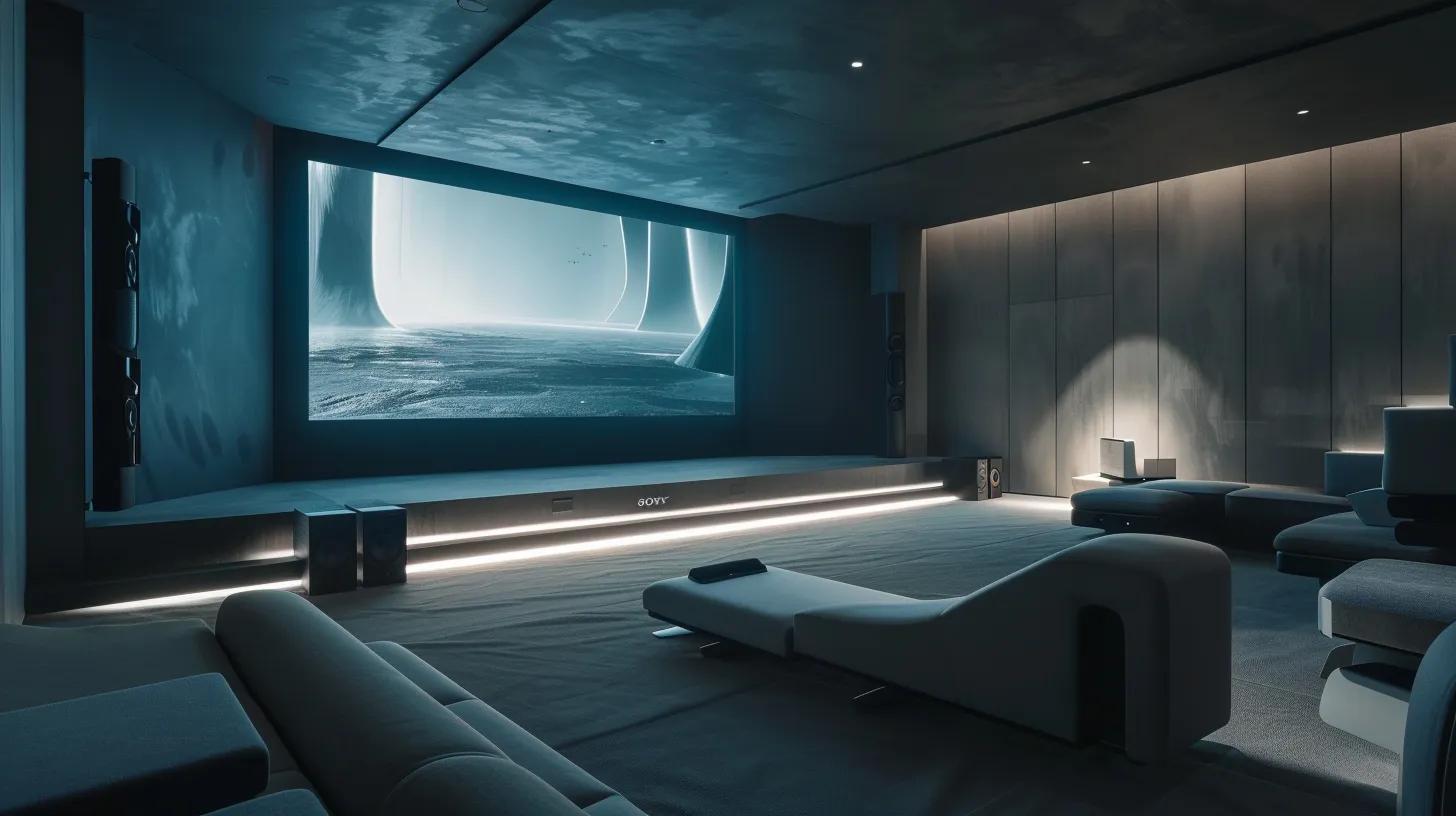 a sleek, modern home theater showcases a high-end dolby atmos setup with an immersive screen and strategically placed speakers, illuminated with soft ambient lighting to highlight the futuristic design.