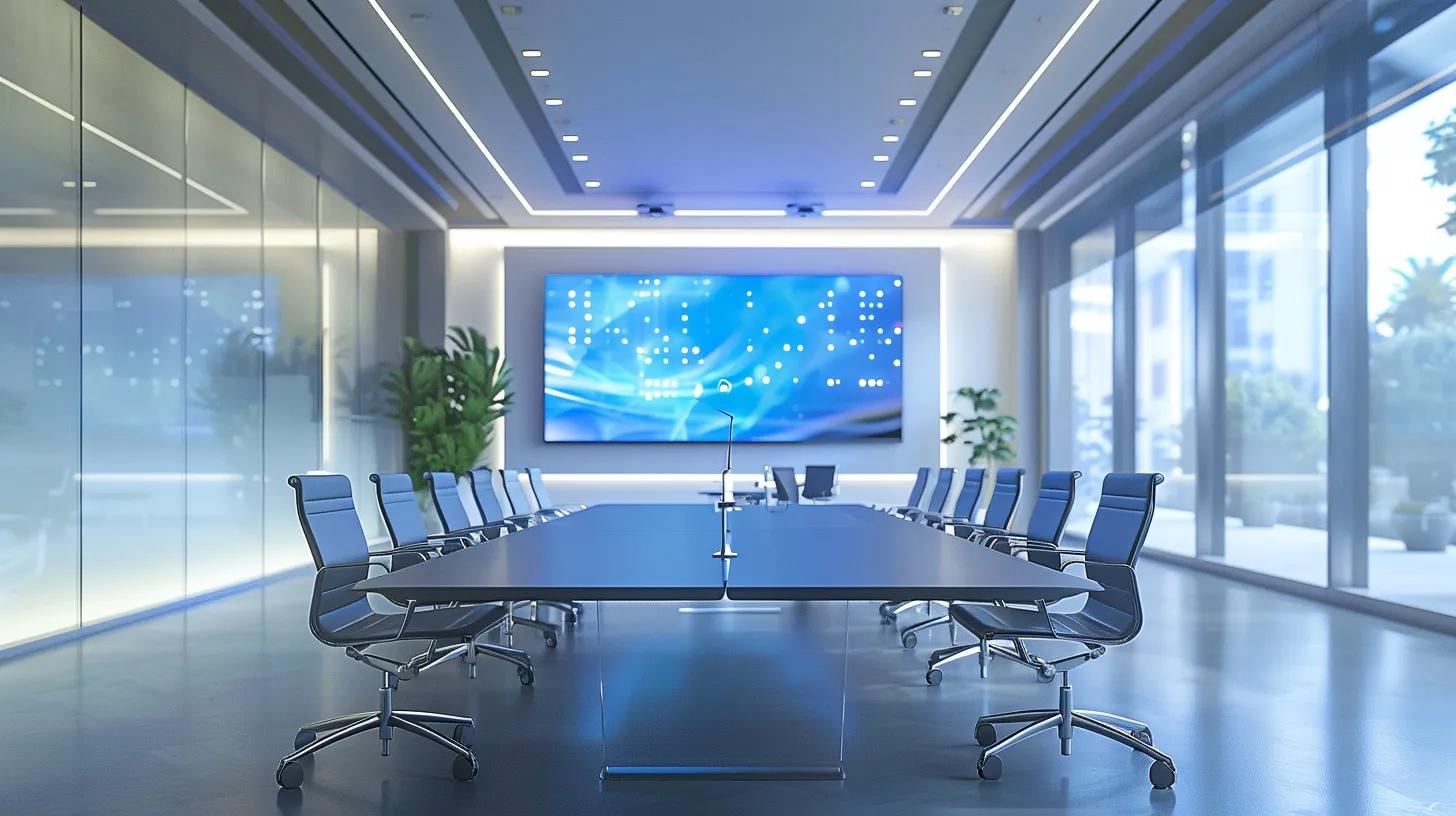 Conference Rooms With Effective DPS Solutions in 2025 3 a modern conference room equipped with a sleek high-definition display and an interactive touchscreen interface, showcasing a dynamic digital presentation with remote participants visible on screen, all illuminated by soft, focused lighting to enhance the professional atmosphere with DPS.