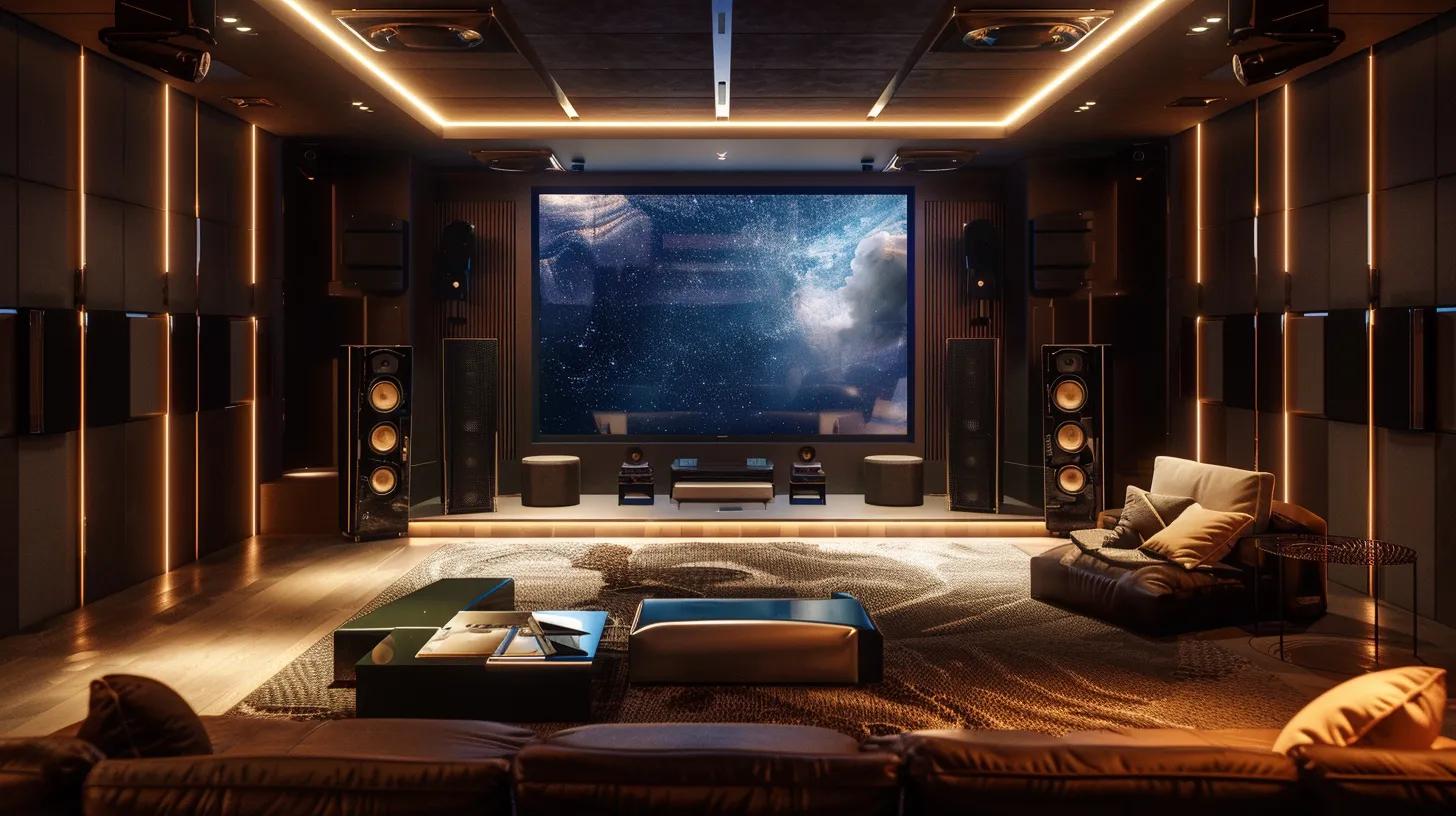 a sleek, high-tech home theater room showcases an immersive dolby atmos setup, featuring strategically placed speakers and acoustic panels that highlight the precision of sound design against a backdrop of rich, modern decor.