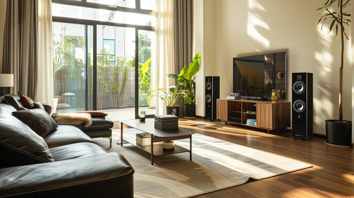 a modern living room features a stylish setup with sleek in-wall speakers blending seamlessly into the walls on one side, while a pair of elegant bookshelf speakers is positioned on a chic console table across the room, capturing the essence of sophisticated sound integration versus versatile mobility.