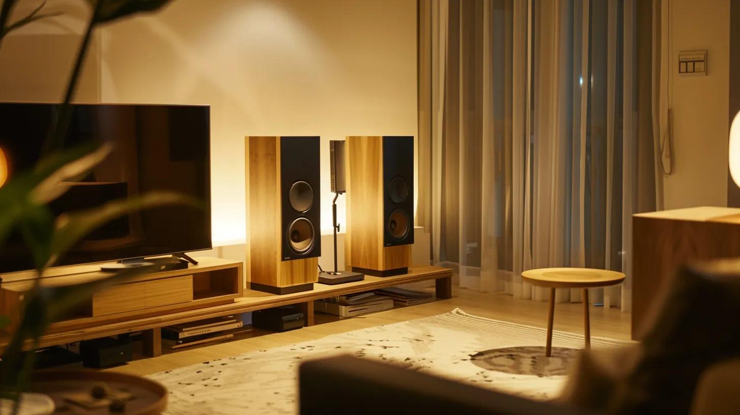 a pair of sleek, modern bookshelf speakers elegantly positioned on a stylish wooden stand in a contemporary living room, with ambient lighting highlighting their compact design and rich audio output capabilities.