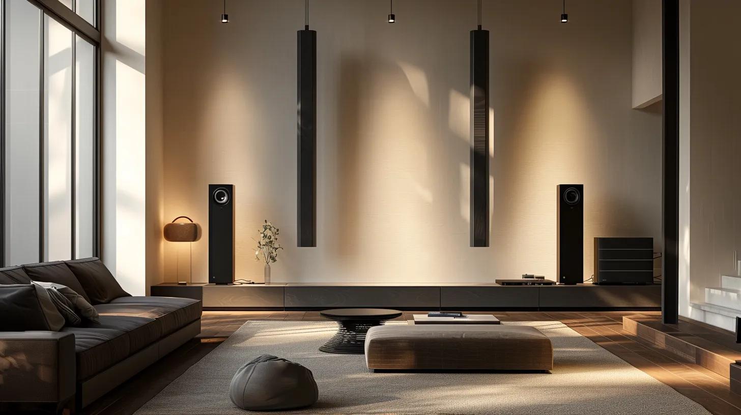 a sleek, modern living room showcases a set of premium in-wall speakers seamlessly integrated into the minimalistic design, highlighting their elegant craftsmanship against a backdrop of sophisticated decor and ambient lighting.
