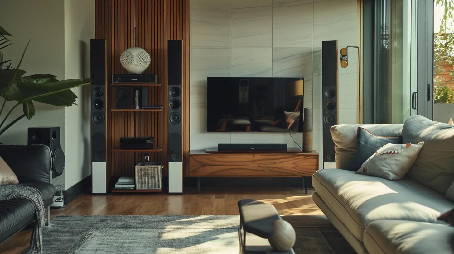 a sleek, modern living room showcases in-wall speakers seamlessly integrated into the decor, juxtaposed with stylish bookshelf speakers on a contemporary shelf, highlighting the contrast between minimalist design and flexible placement.