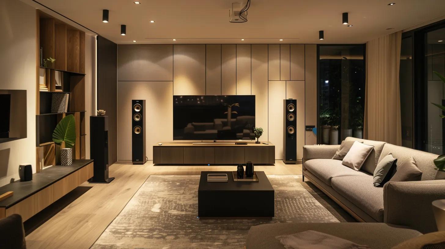 a sleek modern living space features stylish in-wall speakers seamlessly integrated into minimalist walls, emphasizing the harmonious blend of technology and interior design.