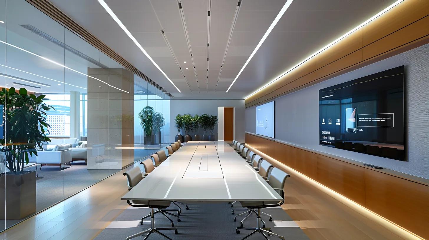 a sleek, modern office equipped with advanced network-capable av devices like high-resolution displays, professional audio systems, and intuitive control panels, all illuminated under dynamic ambient lighting to emphasize the integration of technology and multimedia management.