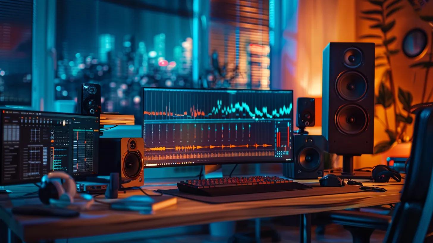 a sleek modern office workspace features a high-tech computer setup with vibrant audio waveforms displayed on the screen, illustrating the concept of audio buffering and latency reduction with a focus on digital efficiency.