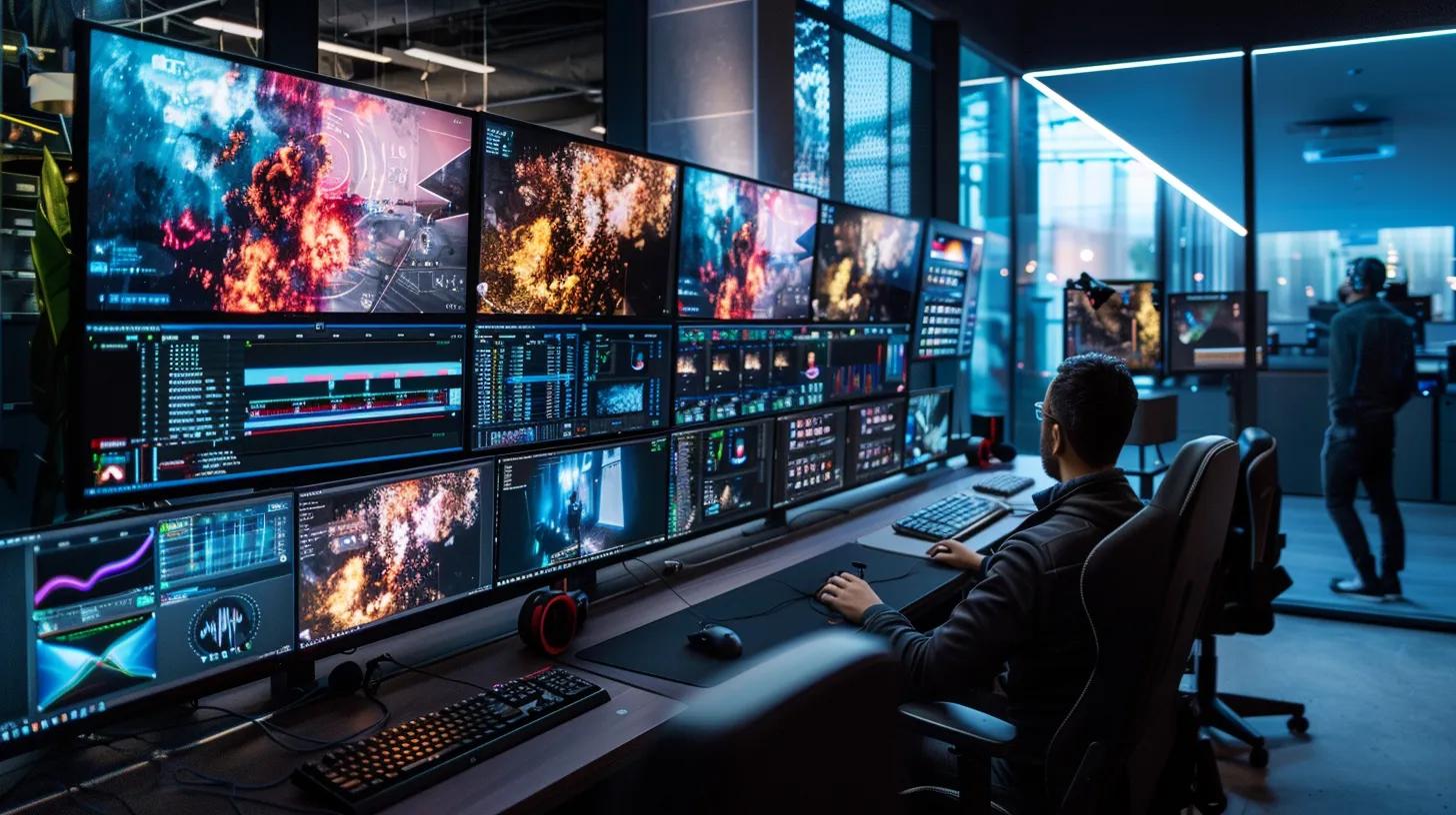 a sleek, modern office workspace features a high-tech gaming setup with multiple monitors displaying vibrant graphics and real-time audio settings, emphasizing the importance of optimized software and hardware for reducing audio latency.