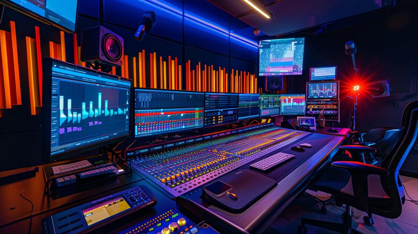 a modern audio processing studio featuring sleek digital interfaces and vibrant sound wave visualizations, showcasing the dynamic and high-tech environment of real-time audio performance during a live streaming session.