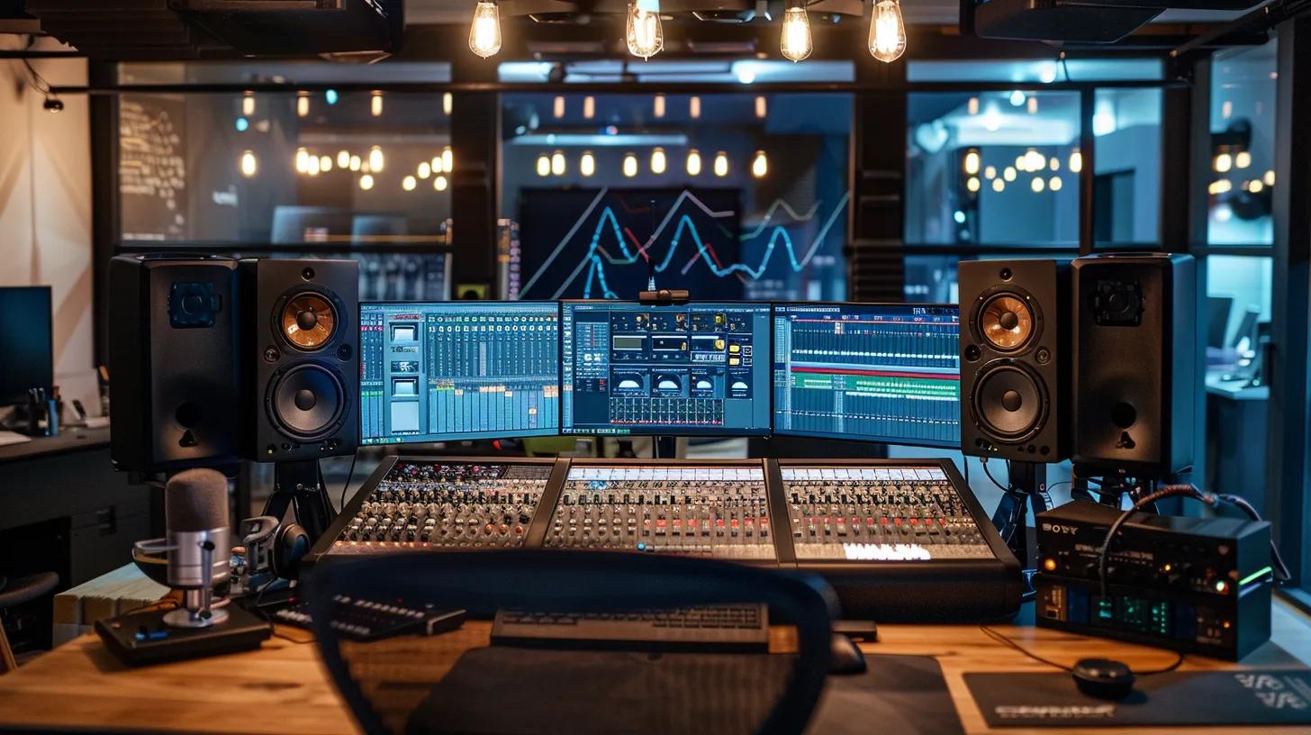 a sleek, modern office workspace featuring a high-tech audio mixing console and computer screen displaying intricate audio waveforms, illuminated by focused task lighting to emphasize the meticulous process of troubleshooting audio latency issues.