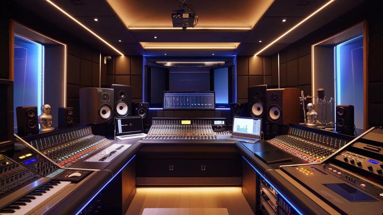 a sleek, modern recording studio featuring an array of high-tech microphones, including dynamic and usb models, positioned prominently on a polished audio workstation, illuminated by focused overhead lighting that highlights their advanced designs while a console displays audio settings.