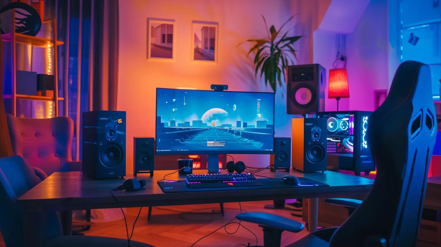 a modern gaming setup features a high-resolution monitor displaying a streaming interface, surrounded by various audio devices showing clear visual indicators of latency issues, all illuminated by dynamic led lighting that reflects an immersive digital atmosphere.