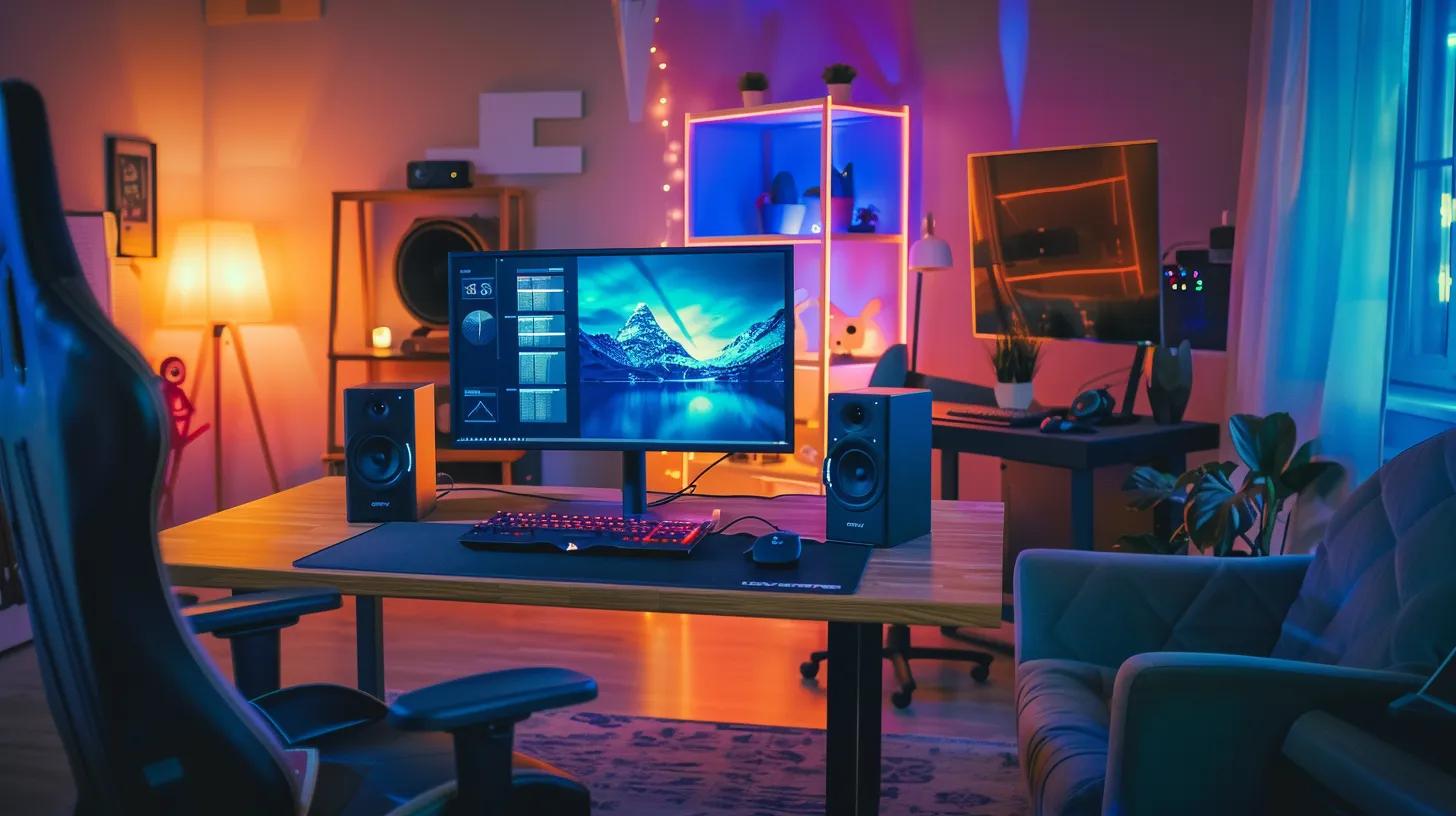 a sleek, modern home office with a high-end computer setup displaying the latencyfix pro interface, showcasing dynamic audio performance metrics in vibrant colors, illuminated by focused desk lamps, emphasizing a high-tech atmosphere ideal for live streaming and gaming.