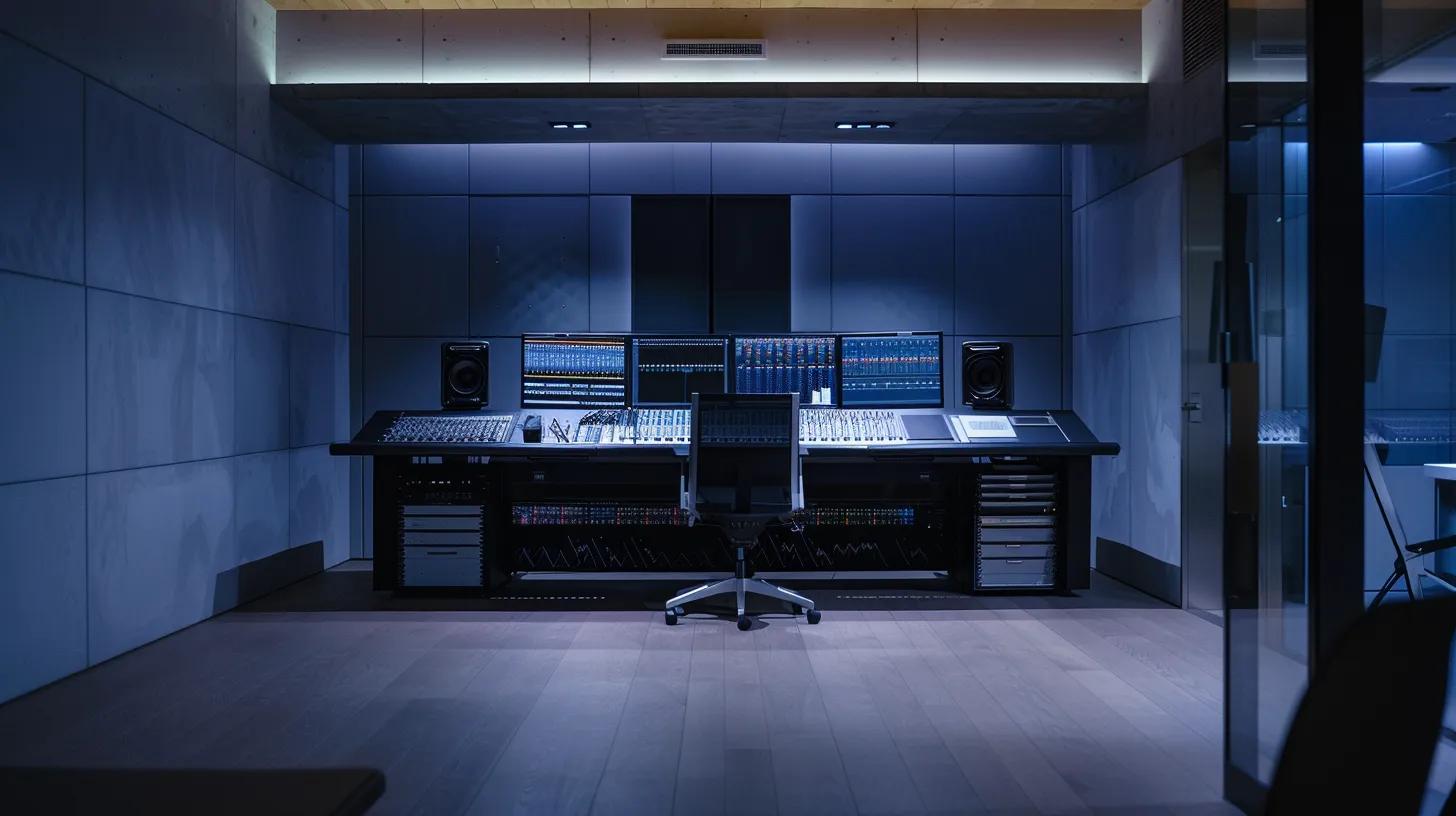 a sleek, modern office workspace is illuminated by soft ambient lighting as a high-tech audio mixing console displays visual signals and waveforms, symbolizing the intricate processes involved in managing audio latency and delay.
