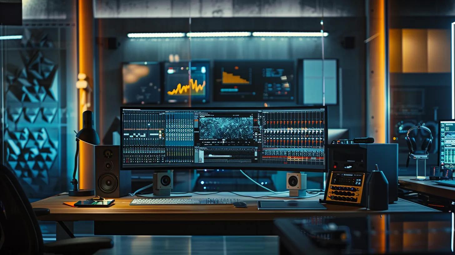 a sleek, modern office workspace is illuminated by artificial light, featuring a high-tech computer setup with audio editing software on the screen and a prominently displayed faq document discussing audio latency solutions.