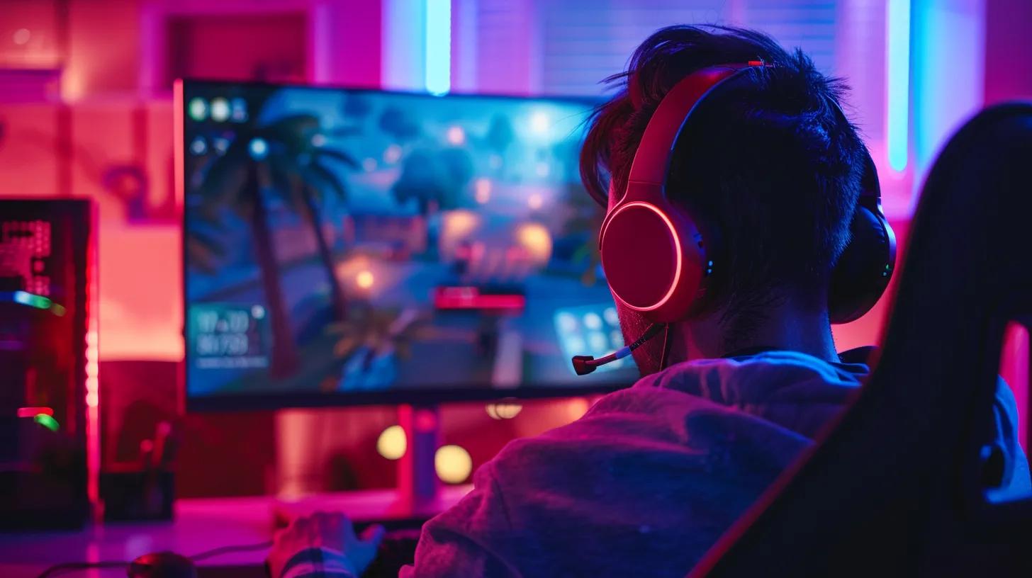 a focused gamer in a modern, dimly-lit gaming setup adjusts audio settings on their high-tech headset, showcasing a screen filled with vibrant game graphics, emphasizing the battle against audio latency during intense gameplay.