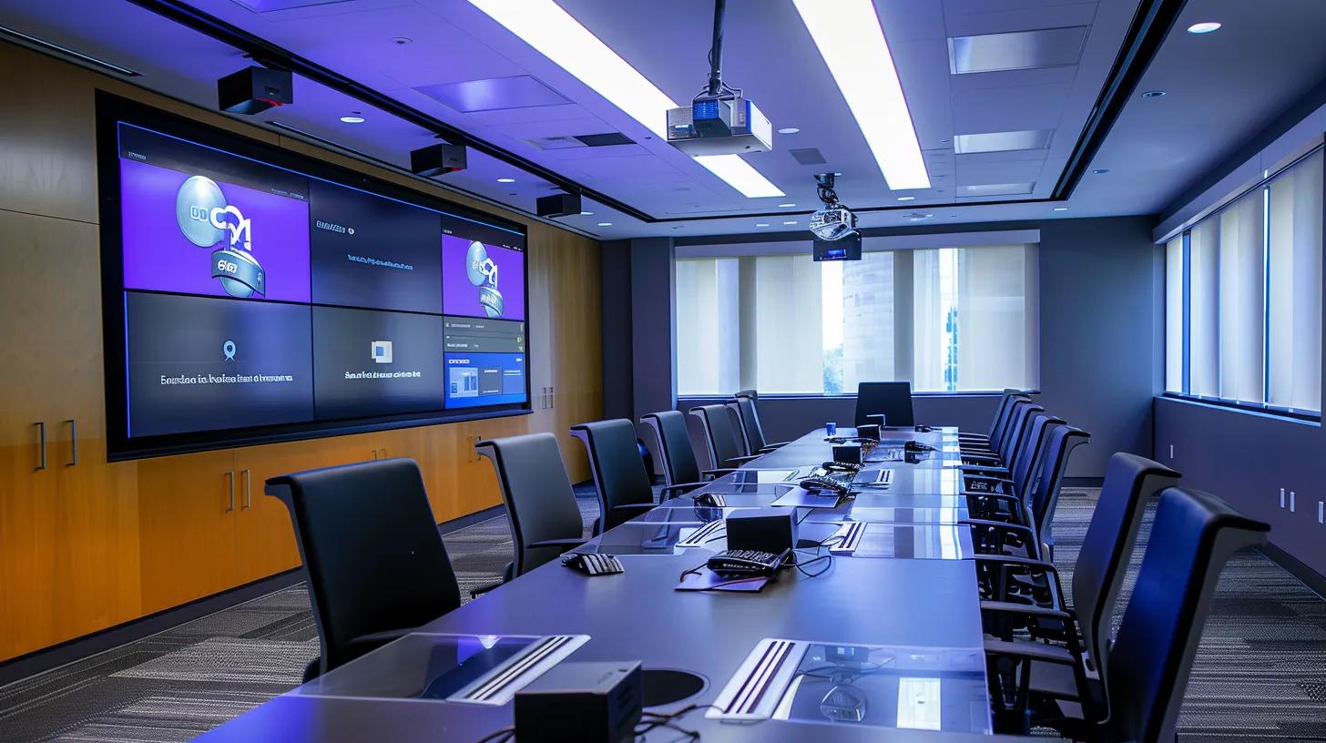 a sleek, modern conference room outfitted with a sophisticated audiovisual setup showcases a glowing touchscreen control panel displaying a secure remote connection interface, emphasizing advanced security features such as encryption and multi-factor authentication in a professional corporate environment and Secure Remote AV Technology.