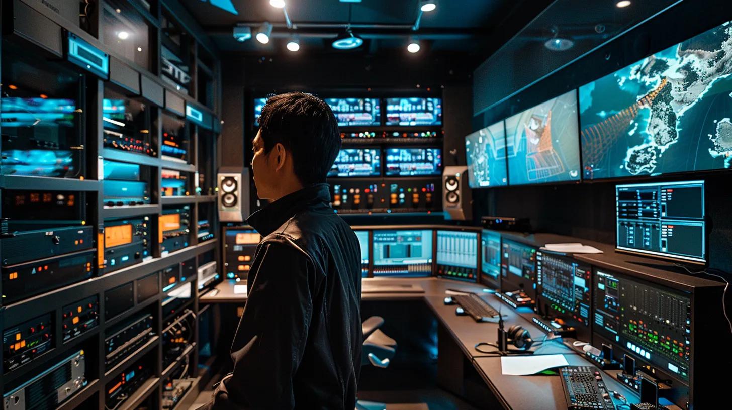 a sleek, modern audio control room filled with high-end equipment displaying clear digital interfaces, illuminated by focused overhead lighting, emphasizing precise audio settings for low latency as a technician makes adjustments meticulously.