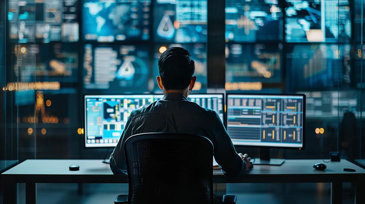 a sleek, modern office environment showcases a focused technician troubleshooting an array of high-tech av control devices, with vibrant screens displaying diverse connectivity errors and solutions, embodying a sense of urgency and expertise.