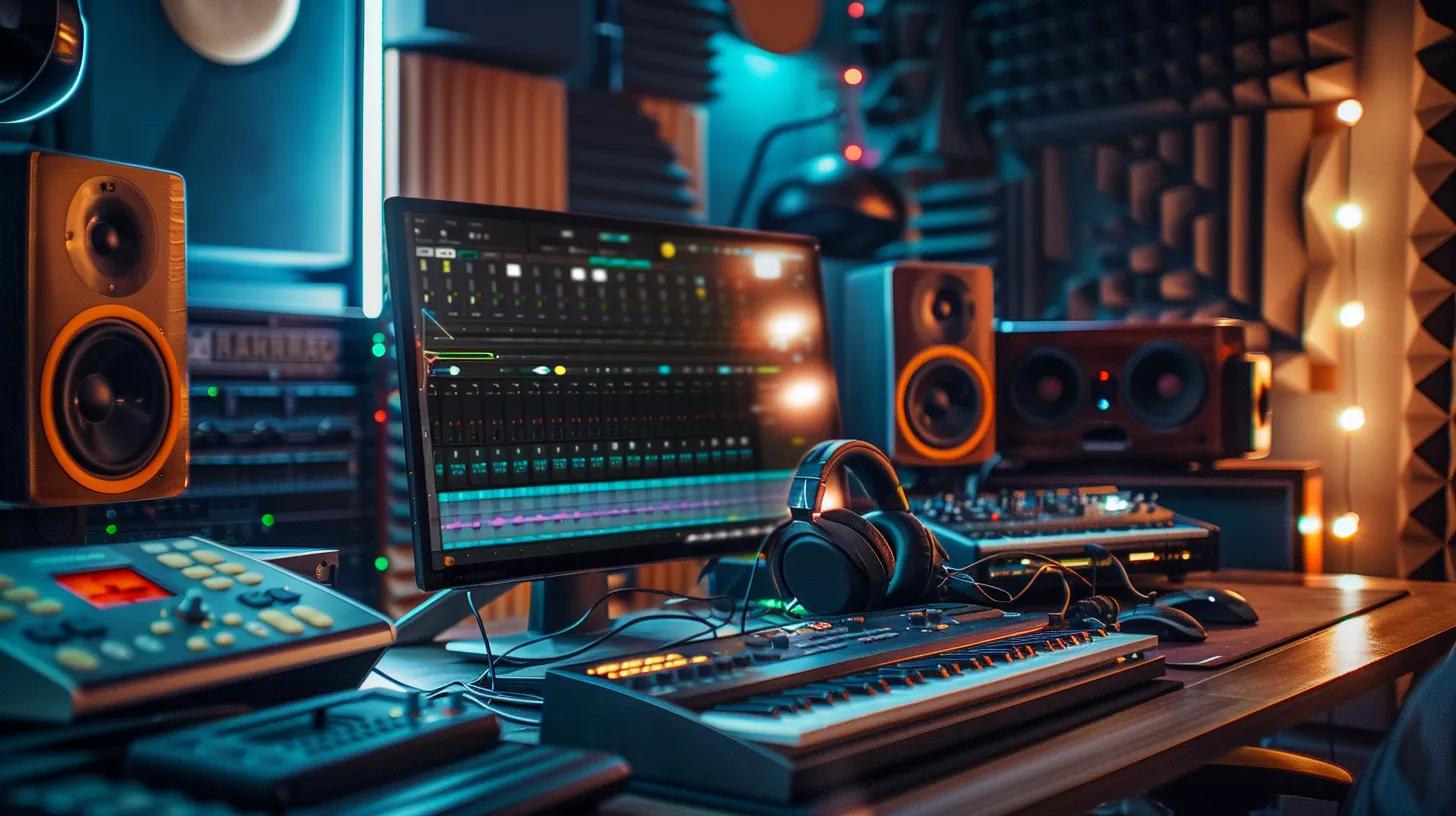 a sleek, modern audio workstation showcases a high-performance sound card and a professional-grade audio interface, surrounded by wired headphones, illuminated by focused overhead lights that emphasize the meticulous setup designed for minimal audio latency.