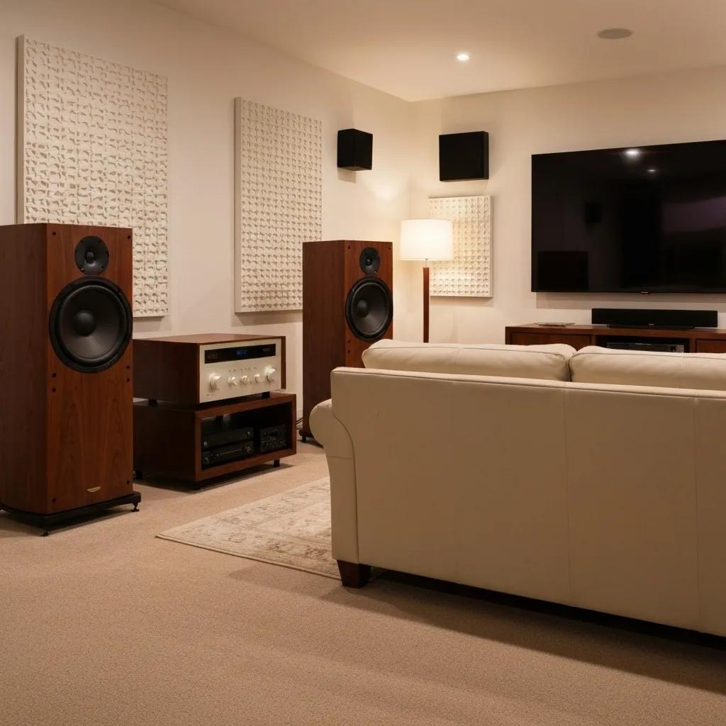 Modern home theater room with a large flat-screen TV mounted on the wall, two tall wooden speakers, an audio receiver, and a beige sofa. Acoustic panels are mounted on the walls, and a floor lamp provides warm lighting.