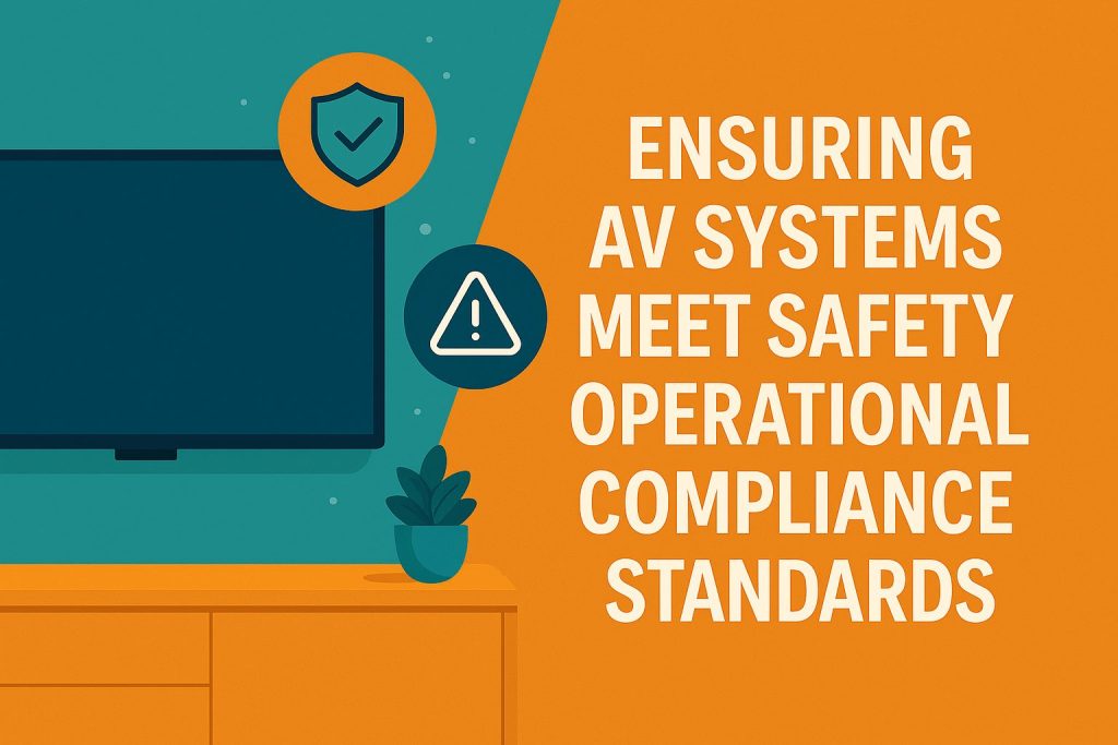 Illustration with a split background in teal and orange. On the left, a flat-screen TV sits above a wooden cabinet with a small plant. Above the TV are two icons: a shield with a checkmark and a triangular warning sign. On the right, large white text reads: ‘Ensuring AV Systems Meet Safety Operational Compliance Standards.