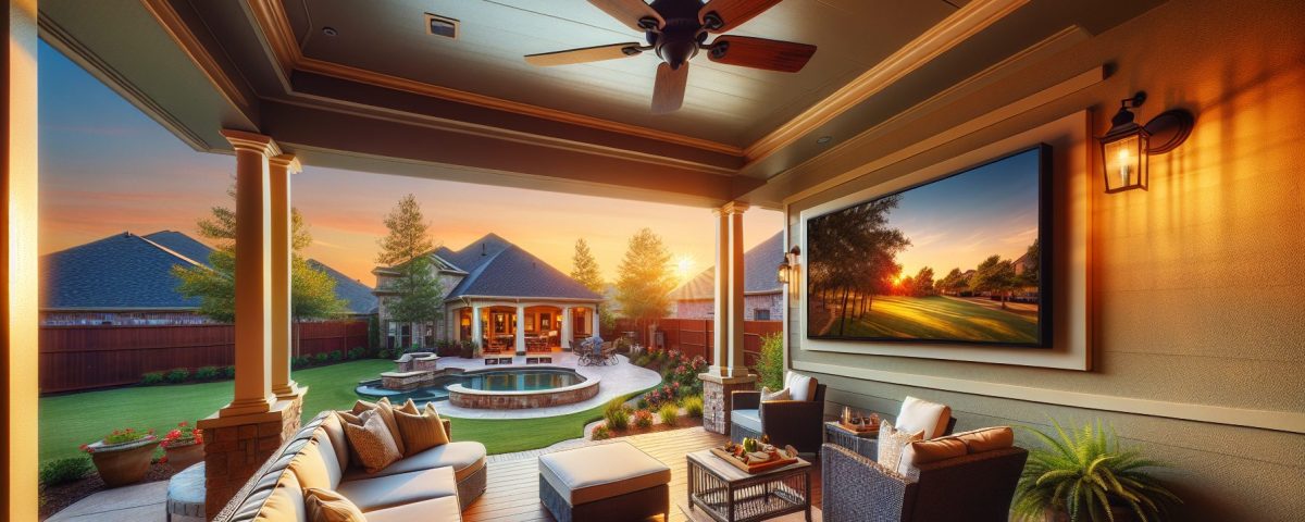 outdoor TV installation Houston covered patio at golden hour