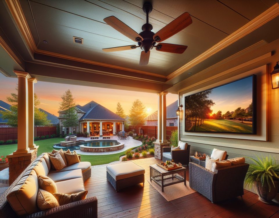 outdoor TV installation Houston covered patio at golden hour