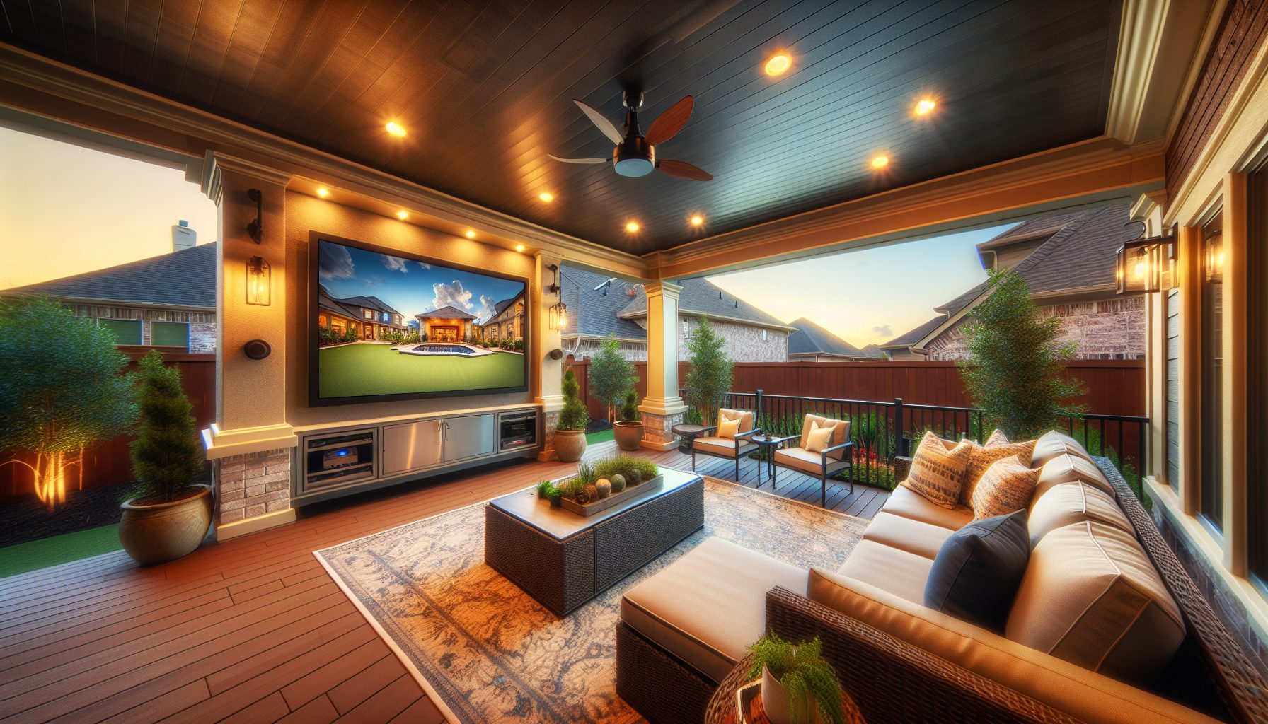 Outdoor TV installation Houston close-up of weather-sealed mount and cable management