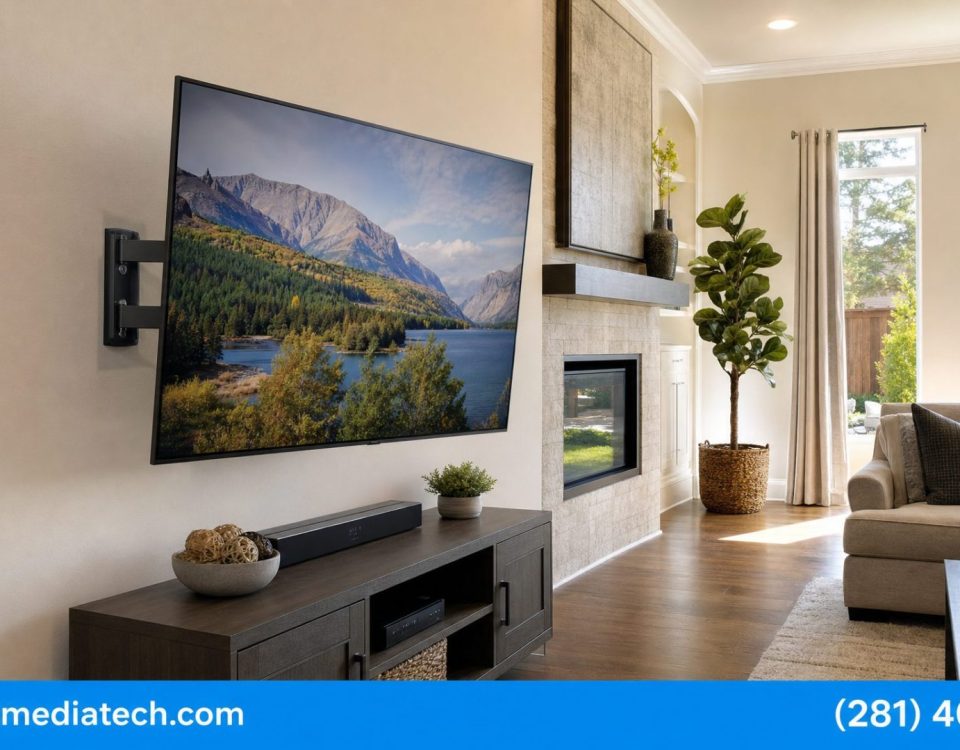 Professional TV mounting installation in a Houston living room — mymultimediatech.com