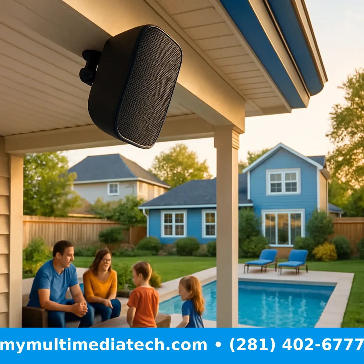 Weather-rated outdoor speakers on a Houston patio